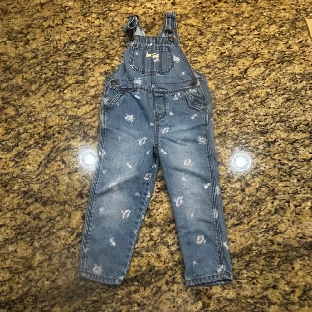 OshKosh Bgosh Girls 3T Floral Denim Overalls Blue Cotton Bib Overalls Pocket‎